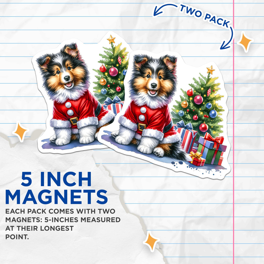 (2 Pack) Cute Sheltie Puppy Magnets - Santa Suit Dog Decor - Christmas Refrigerator Art - 5 Inches On Longest Side - Thick Durable Magnet - Made in USA - MAG24049