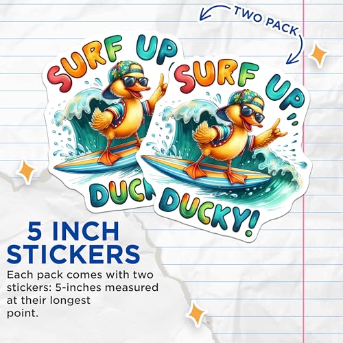 (2 Pack) Surf Up Ducky Stickers - Cute Animal Stickers - Surfing Duck - 5" On Longest Side - Sticks to Smooth Flat Surfaces - Made in USA - BMCS6355