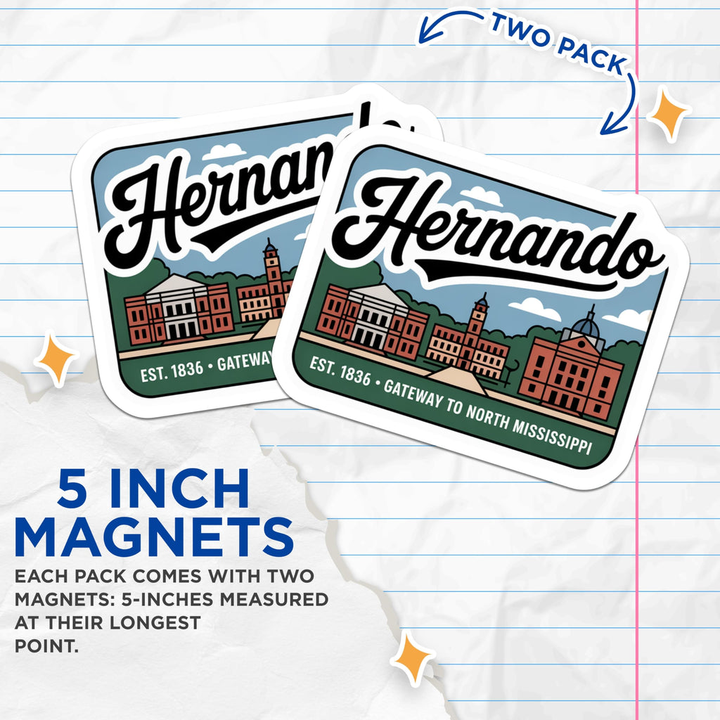 (2 Pack) Hernando Mississippi Magnets - Cityscape Souvenir - Hometown Pride Decor - 5" On Longest Side - Premium Magnet - for Cars, Refrigerators, Toolboxes, Lockers - Made in USA - MAG18291