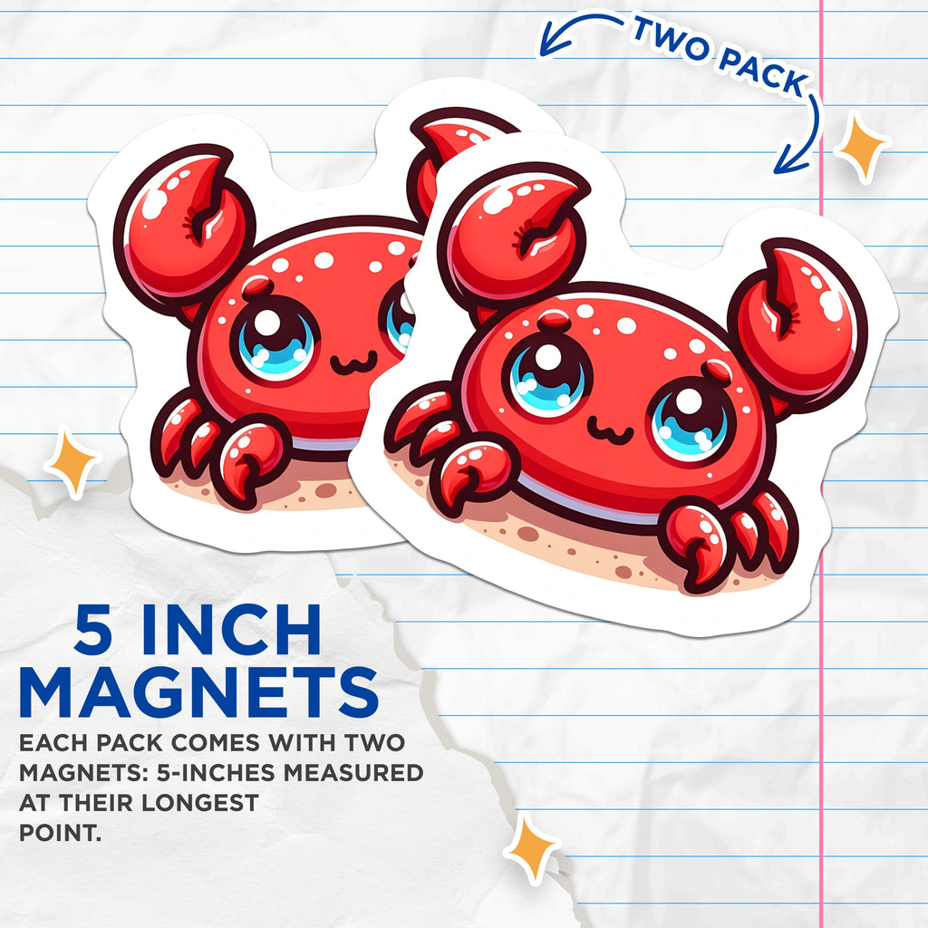 (2 Pack) Cute Crab Magnets - Kawaii Ocean Decor - Beach House Refrigerator Magnet - 5 Inches On Longest Side - Thick Durable Magnet - Made in USA - MAG38902