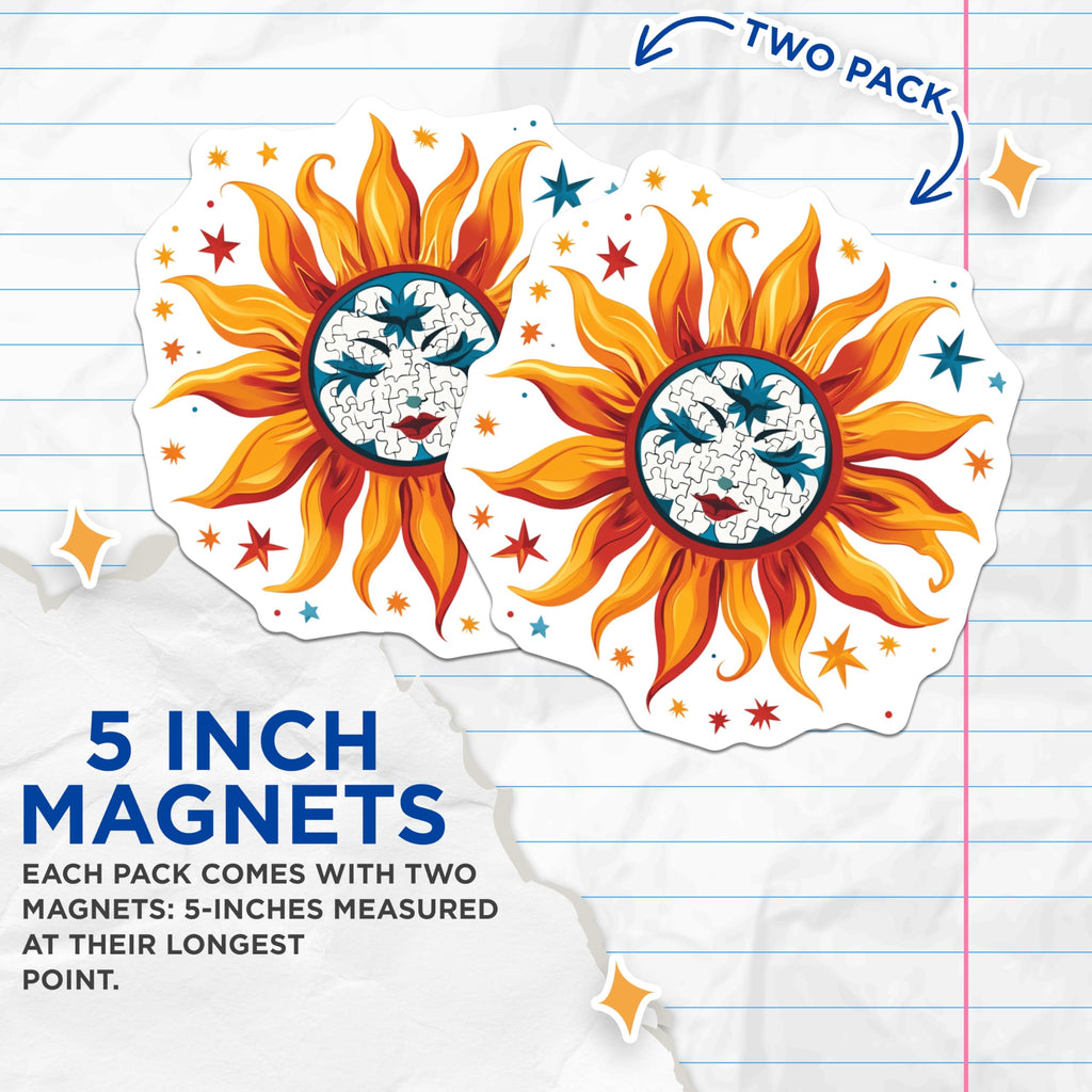 (2 Pack) Celestial Sun Magnets - Boho Mystical Decor - Psychedelic Art Fridge Magnets - Spiritual Sun Face - 5 Inches On Longest Side - Thick Durable Magnet - Made in USA - MAG27341