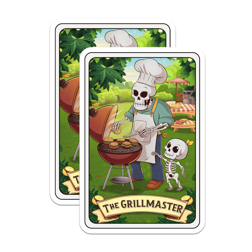 (2 Pack) The Grillmaster Stickers - Skeleton BBQ Stickers - Funny Cooking Stickers for Grill Lovers - 5" On Longest Side - Sticks to Smooth Flat Surfaces - Made in USA - BMCS4464
