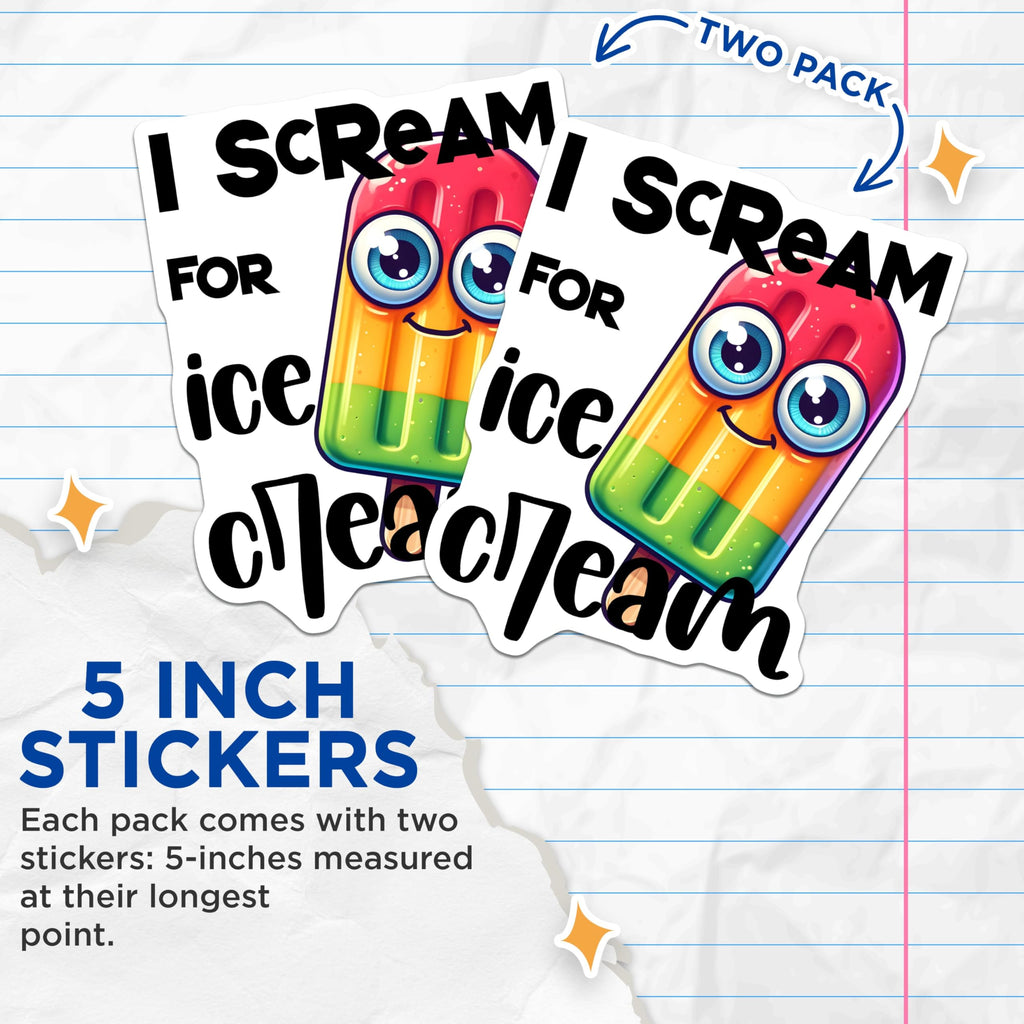 (2 Pack) Ice Cream Stickers - Cute Food Decal - I Scream for Ice Cream Decoration - 5" On Longest Side - Sticks to Smooth Flat Surfaces - Made in USA - BMCS8788