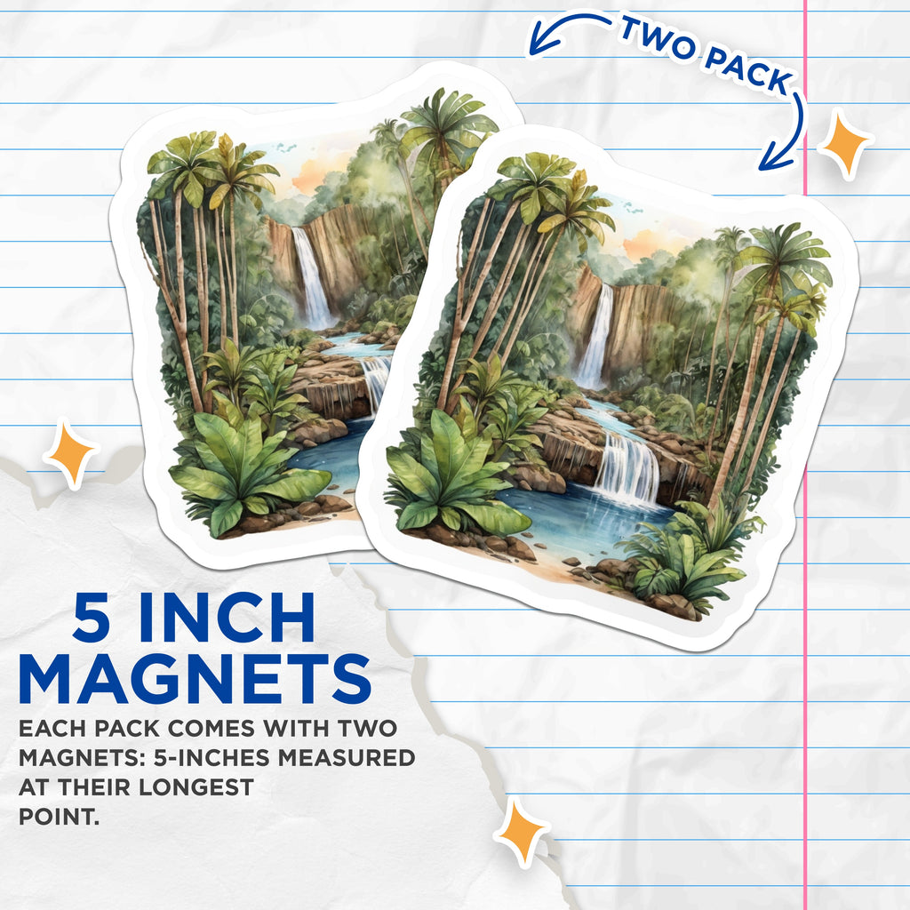 (2 Pack) Tropical Waterfall Magnets - Jungle Landscape Art - Nature Lover Decor - Serene Oasis Scene - Lush Rainforest - 5 Inches On Longest Side - Thick Durable Magnet - Made in USA - MAG38223