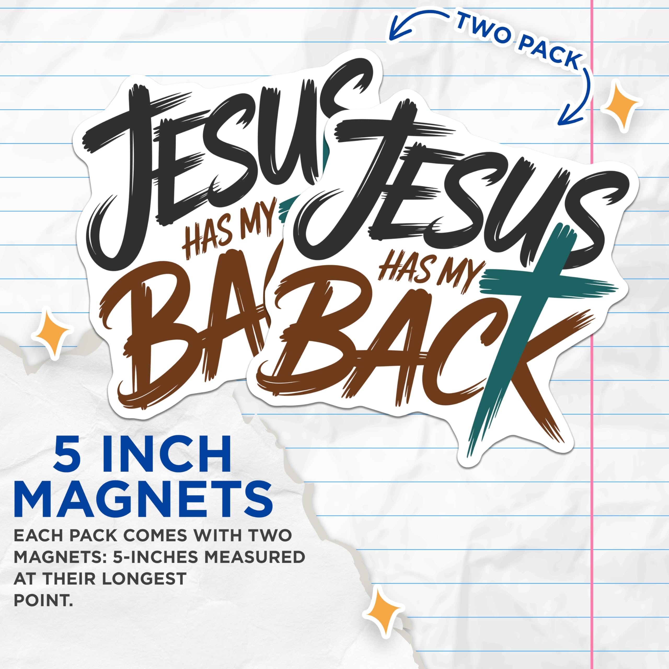 (2 Pack) Jesus Has My Back Magnets - Christian Faith Decor - Inspirational Cross Message - 5 Inches On Longest Side - Thick Durable Magnet - Made in USA - MAG22439
