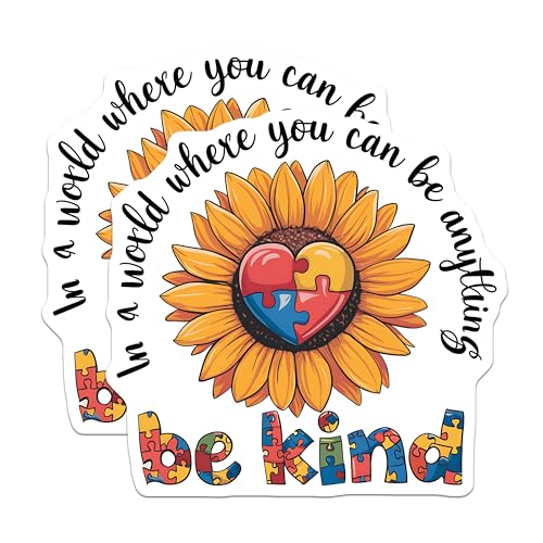 (2 Pack) Be Kind Stickers - Sunflower Design - Inspirational Puzzle Heart - 5" On Longest Side - Sticks to Smooth Flat Surfaces - Made in USA - BMCS9847