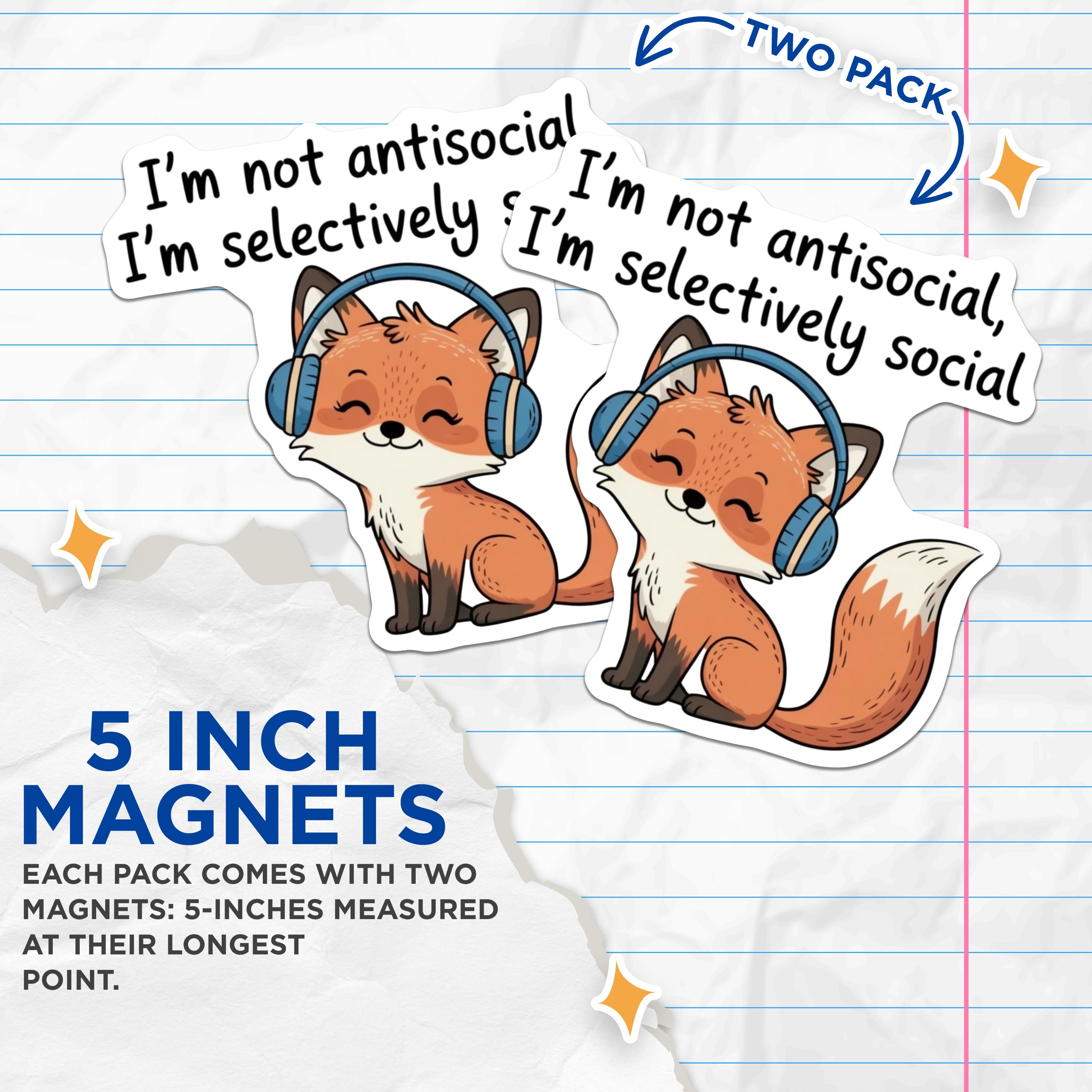 (2 Pack) Selectively Social Introvert Fox Magnets - Headphones Fox Decor - Funny Animal Refrigerator Accessory - 5 Inches On Longest Side - Thick Durable Magnet - Made in USA - MAG36959