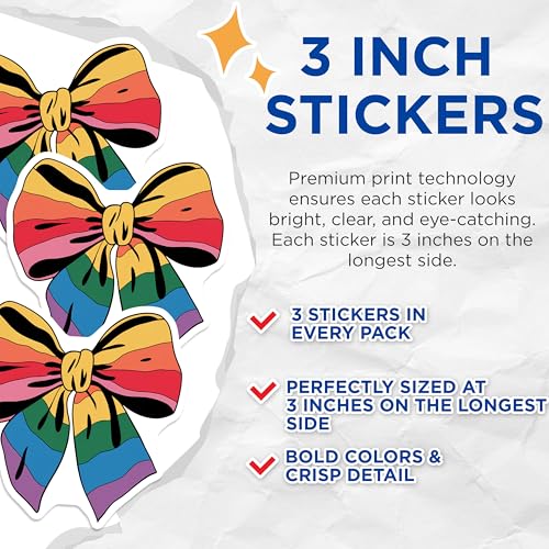(3 Pack) Rainbow Bow Decals - Colorful Ribbon Sticker - Laptop Decal - 3 Inches On Longest Side - Easy Peel & Apply - Made in USA - 3MCS7572