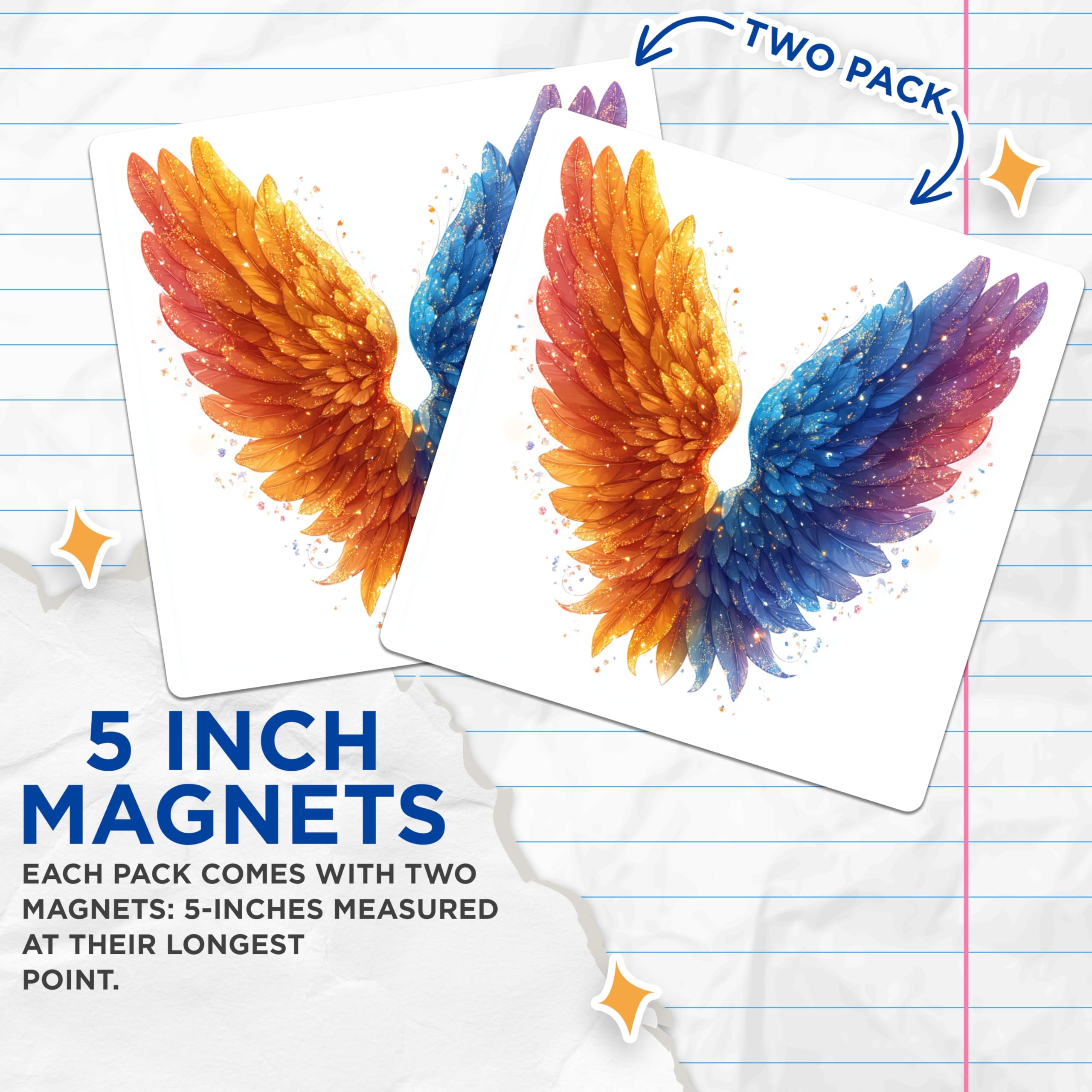 (2 Pack) Fantasy Angel Wings Magnets - Ethereal Sparkle Decor - Vibrant Colorful Fridge Art - Aesthetic Locker Symbol - 5 Inches On Longest Side - Thick Durable Magnet - Made in USA - MAG28646