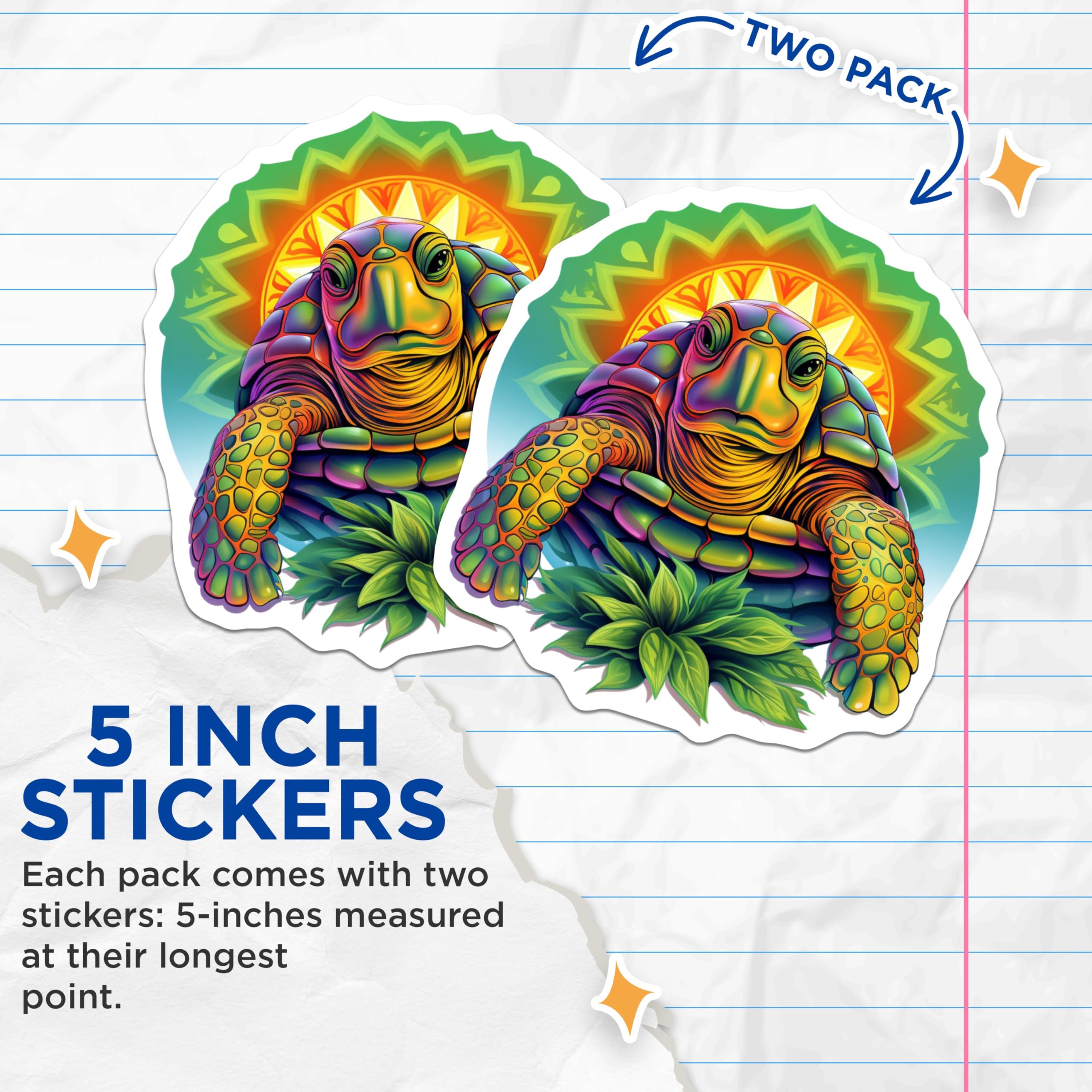 (2 Pack) Turtle Stickers - Colorful Animal - Unique Art - Bright Shell - Vibrant Sea Turtle - 5" On Longest Side - Sticks to Smooth Flat Surfaces - Made in USA - BMCS4069