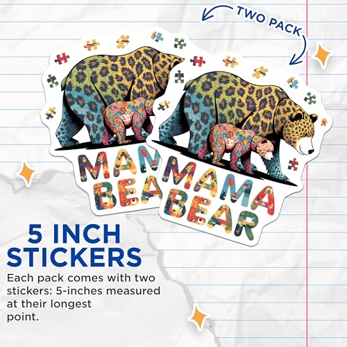 (2 Pack) Mama Bear Stickers - Colorful Animal Art Stickers - Cute Bear Stickers for Nature Lovers - 5" On Longest Side - Sticks to Smooth Flat Surfaces - Made in USA - BMCS7094