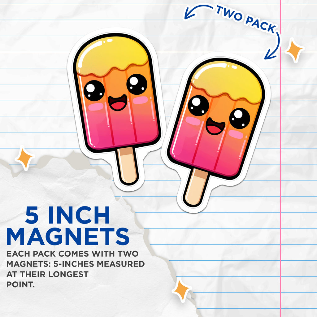 (2 Pack) Kawaii Popsicle Magnets - Cute Ice Lolly Decor - Happy Summer Fridge Locker Decoration Aesthetic - 5 Inches On Longest Side - Thick Durable Magnet - Made in USA - MAG37055