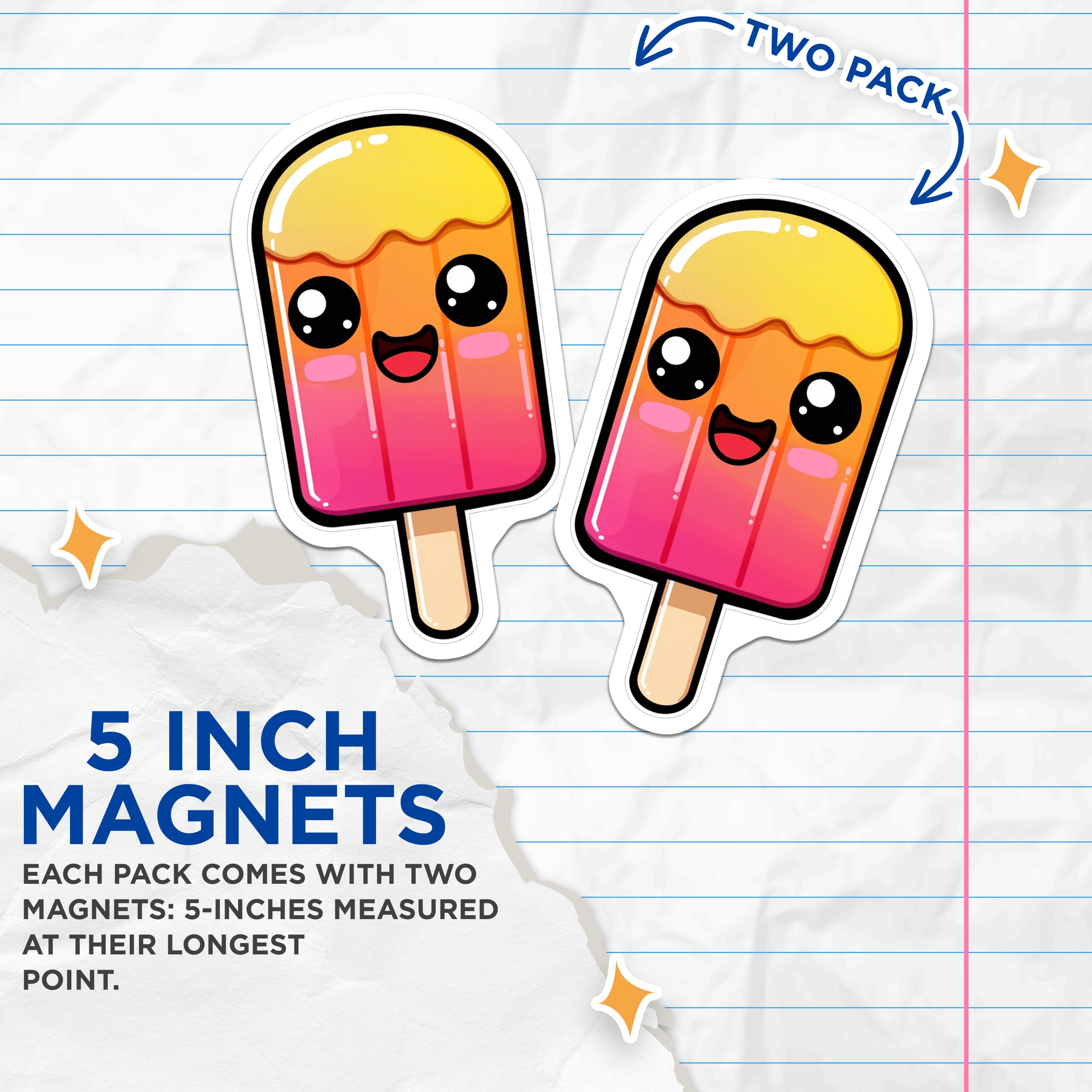 (2 Pack) Kawaii Popsicle Magnets - Cute Ice Lolly Decor - Happy Summer Fridge Locker Decoration Aesthetic - 5 Inches On Longest Side - Thick Durable Magnet - Made in USA - MAG37055