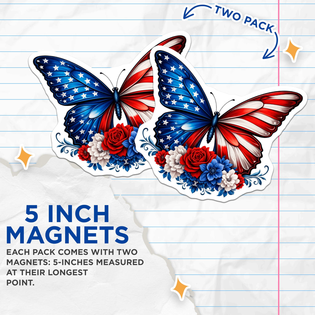 (2 Pack) American Flag Butterfly Magnets - Patriotic Red White Blue Flowers - Independence Day Refrigerator Decoration - 5 Inches On Longest Side - Thick Durable Magnet - Made in USA - MAG23166