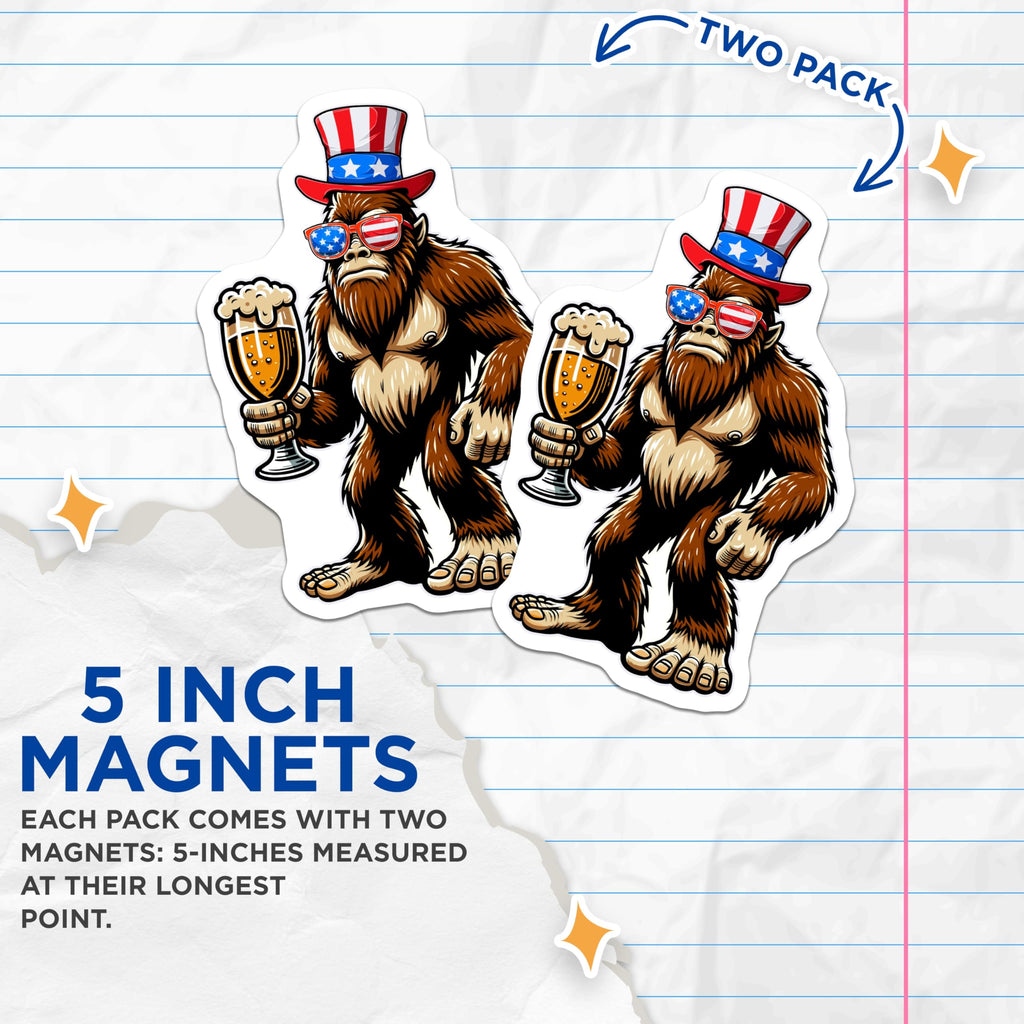 (2 Pack) Patriotic Bigfoot Magnets - American Sasquatch Beer - Fourth of July Humor Fridge Decor - 5 Inches On Longest Side - Thick Durable Magnet - Made in USA - MAG22691