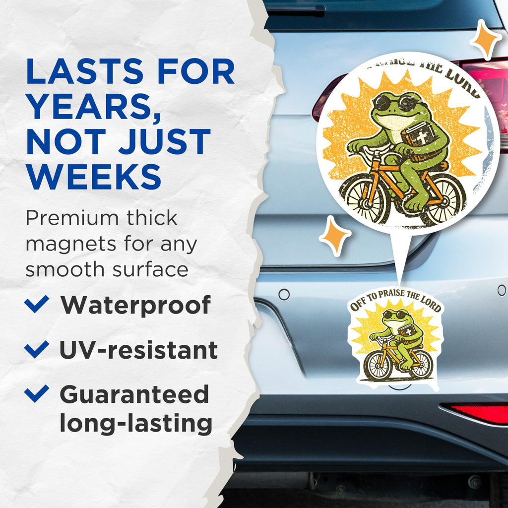 (2 Pack) Frog Bicycle Magnets - Off to Praise The Lord - Christian Faith Decor - 5 Inches On Longest Side - Thick Durable Magnet - Made in USA - MAG22151
