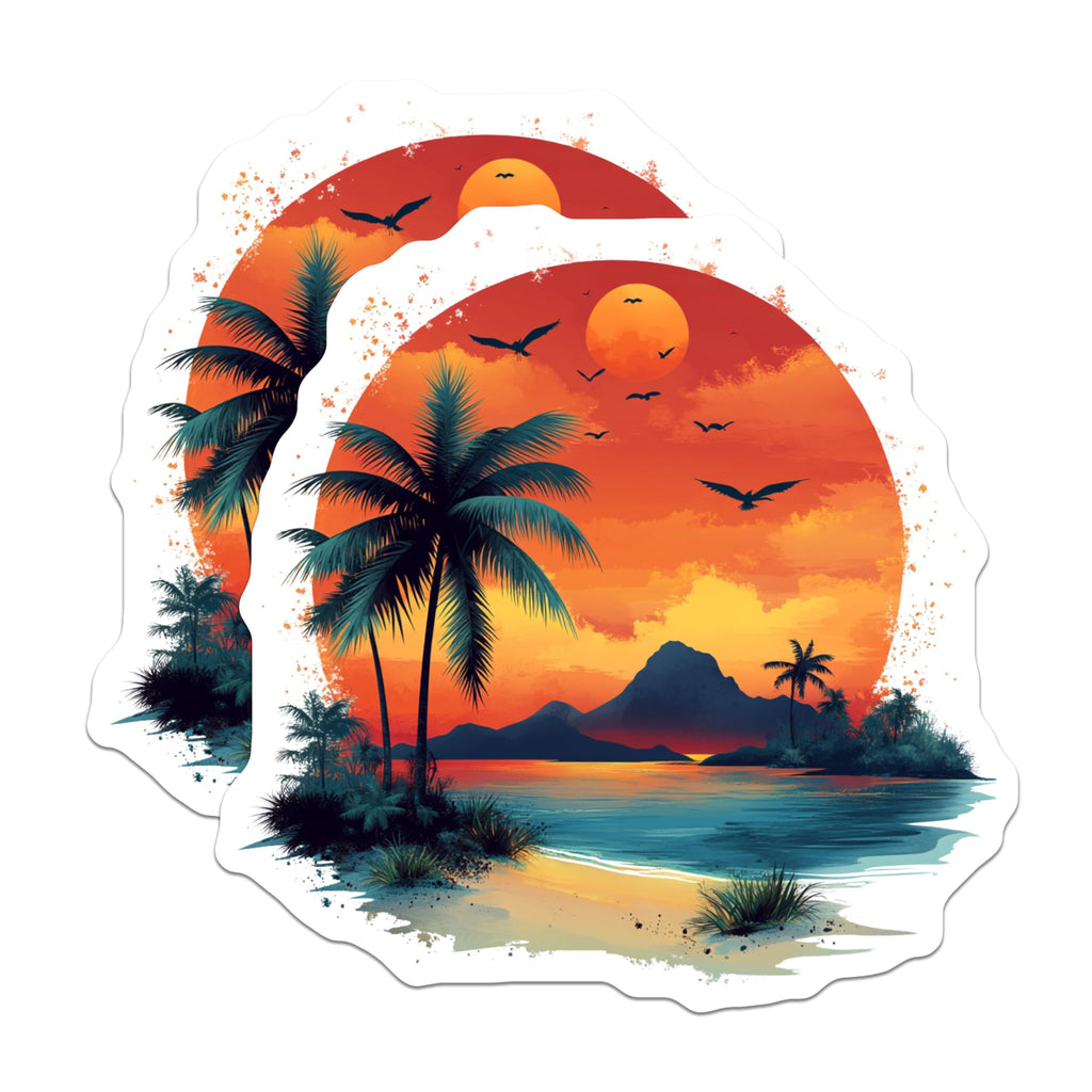 (2 Pack) Tropical Sunset Magnets - Palm Tree Beach Scene - Ocean View Decor Art - 5 Inches On Longest Side - Thick Durable Magnet - Made in USA - MAG26246