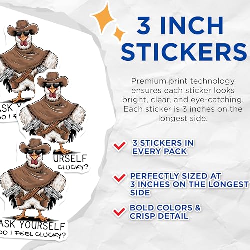 (3 Pack) Clucky Cowboy Decals - Funny Chicken Stickers - Western Animal Decals - 3 Inches On Longest Side - Easy Peel & Apply - Made in USA - 3MCS4478