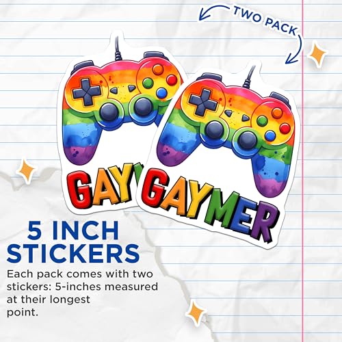 (2 Pack) Gaymer Stickers - LGBTQ+ Pride Video Game Controller - Colorful Gaming Art - 5" On Longest Side - Sticks to Smooth Flat Surfaces - Made in USA - BMCS8277
