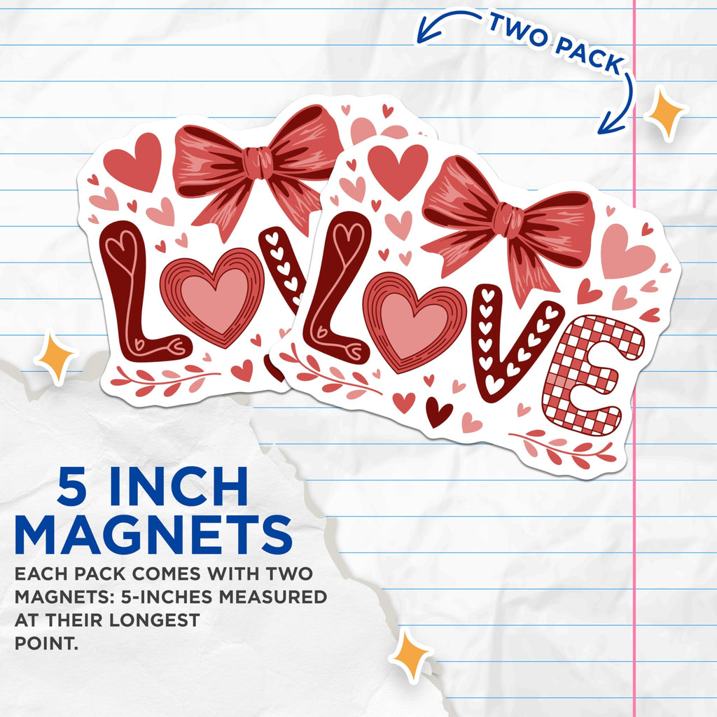 (2 Pack) Love Magnets - Hearts and Bows - Decorative Fridge Magnets - 5" On Longest Side - Premium Magnet - for Cars, Refrigerators, Toolboxes, Lockers - Made in USA - MAG16269