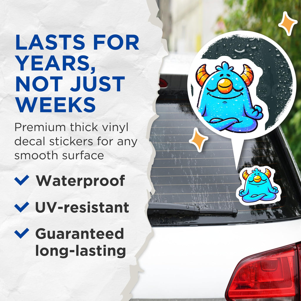 (2 Pack) Meditating Monster Stickers - Zen Creature Decals - Calm Yoga Sticker - 5" On Longest Side - Sticks to Smooth Flat Surfaces - Made in USA - BMCS20882