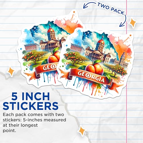 (2 Pack) Georgia State Pride Stickers - Georgia Watercolor Art - Peach State Decal - 5" On Longest Side - Sticks to Smooth Flat Surfaces - Made in USA - BMCS6835