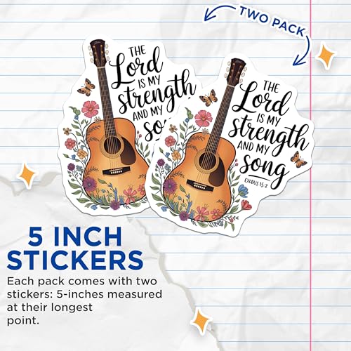 (2 Pack) Lord is My Strength and Song Stickers - Inspirational Guitar Quote - Motivational Bible Verse Vinyl - 5" On Longest Side - Sticks to Smooth Flat Surfaces - Made in USA - BMCS6592