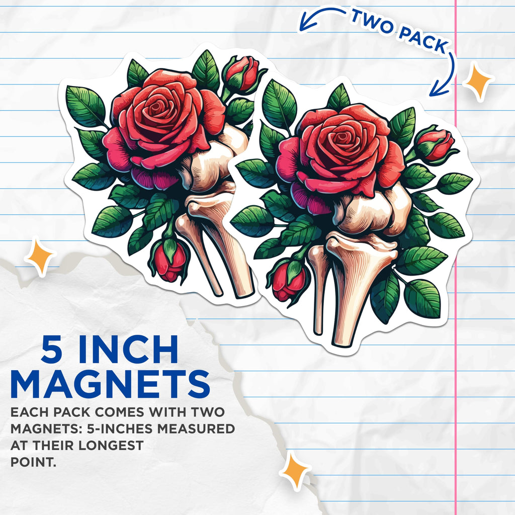 (2 Pack) Red Rose Bone Magnets - Gothic Floral Anatomy Decor - Macabre Skeleton Flower Art - Medical Botanical Display - 5 Inches On Longest Side - Thick Durable Magnet - Made in USA - MAG19582