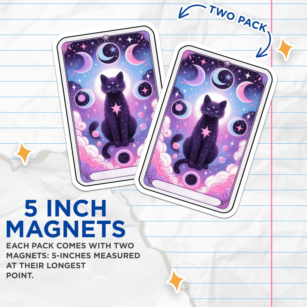 (2 Pack) Mystical Black Cat Magnets - Lunar Cycle Artwork - Cosmic Feline Charm - 5 Inches On Longest Side - Thick Durable Magnet - Made in USA - MAG23115