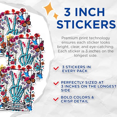 (3 Pack) Skeleton Hand Decals - Butterfly Flower Decals - Good Energy Decal - 3 Inches On Longest Side - Easy Peel & Apply - Made in USA - 3MCS1430