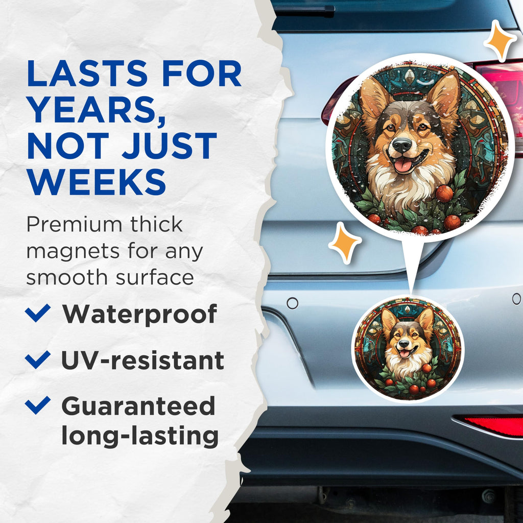 (2 Pack) Corgi Stained Glass Magnets - Christmas Dog Decor - Pet Lover Refrigerator Art - 5 Inches On Longest Side - Thick Durable Magnet - Made in USA - MAG26751