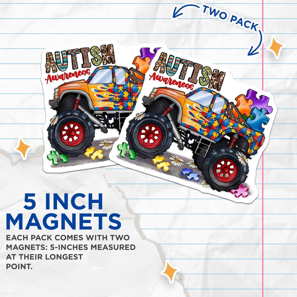(2 Pack) Autism Awareness Monster Truck Magnets - Puzzle Piece Support - Neurodiversity Ally Decor - 5 Inches On Longest Side - Thick Durable Magnet - Made in USA - MAG27338