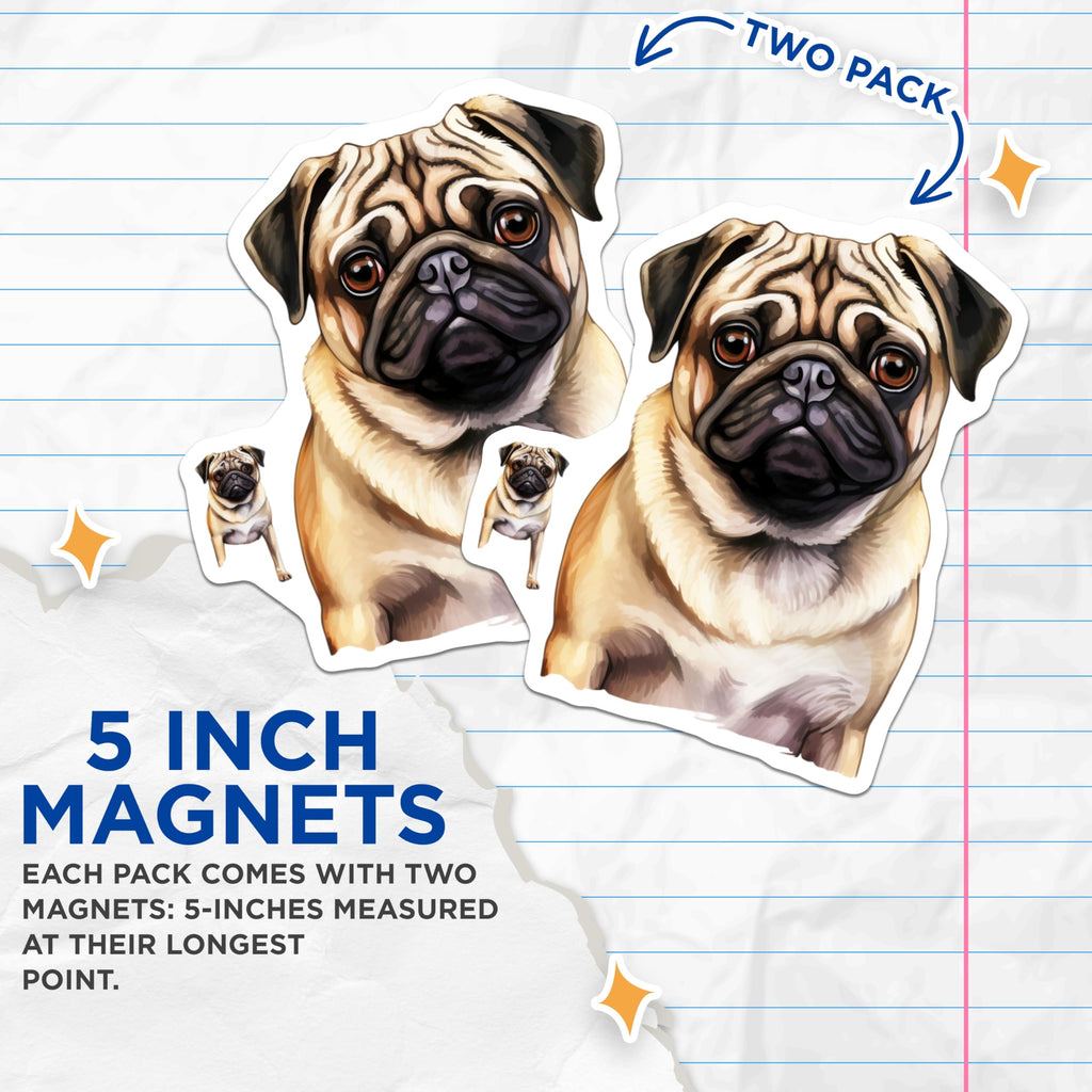 (2 Pack) Pug Dog Magnets - Adorable Pet Fridge Decor - Funny Animal Lover Kitchen Accessory - 5 Inches On Longest Side - Thick Durable Magnet - Made in USA - MAG25388