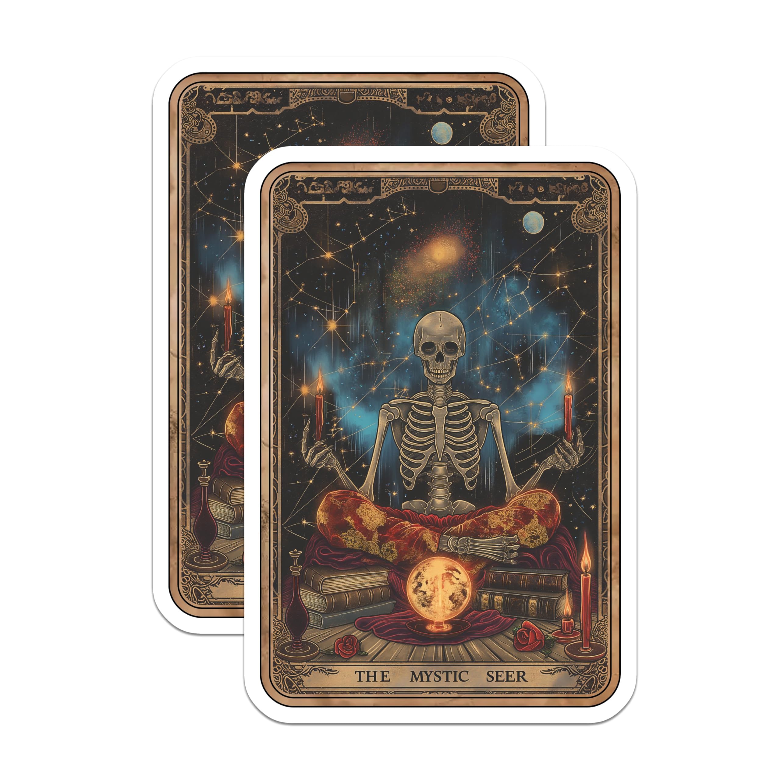 (2 Pack) Mystic Seer Stickers - Skeleton Meditation Stickers - Cosmic Occult Stickers for Journals and Laptops - 5" On Longest Side - Sticks to Smooth Flat Surfaces - Made in USA - BMCS4879