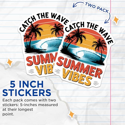 (2 Pack) Catch The Wave Stickers - Summer Vibes - Surfing Adventure - 5" On Longest Side - Sticks to Smooth Flat Surfaces - Made in USA - BMCS5839