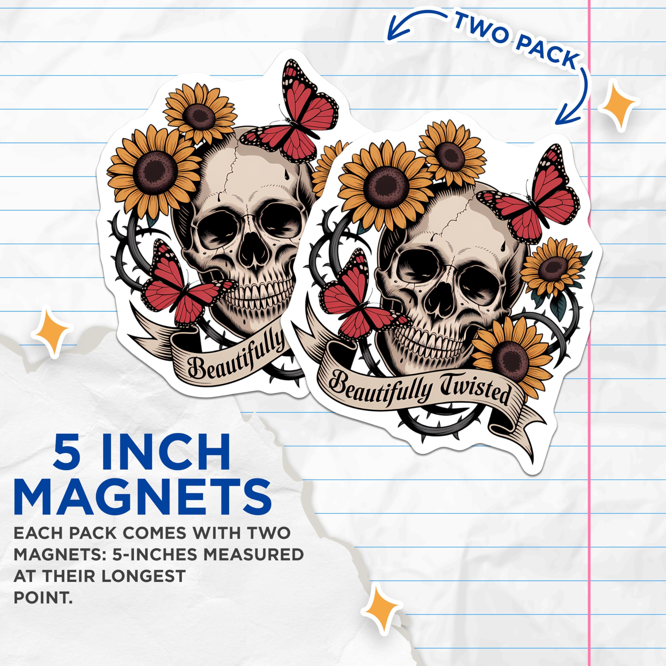 (2 Pack) Skull Sunflower Magnets - Gothic Butterfly Art - Beautifully Twisted Decor - Refrigerator Locker Accent - 5 Inches On Longest Side - Thick Durable Magnet - Made in USA - MAG23038