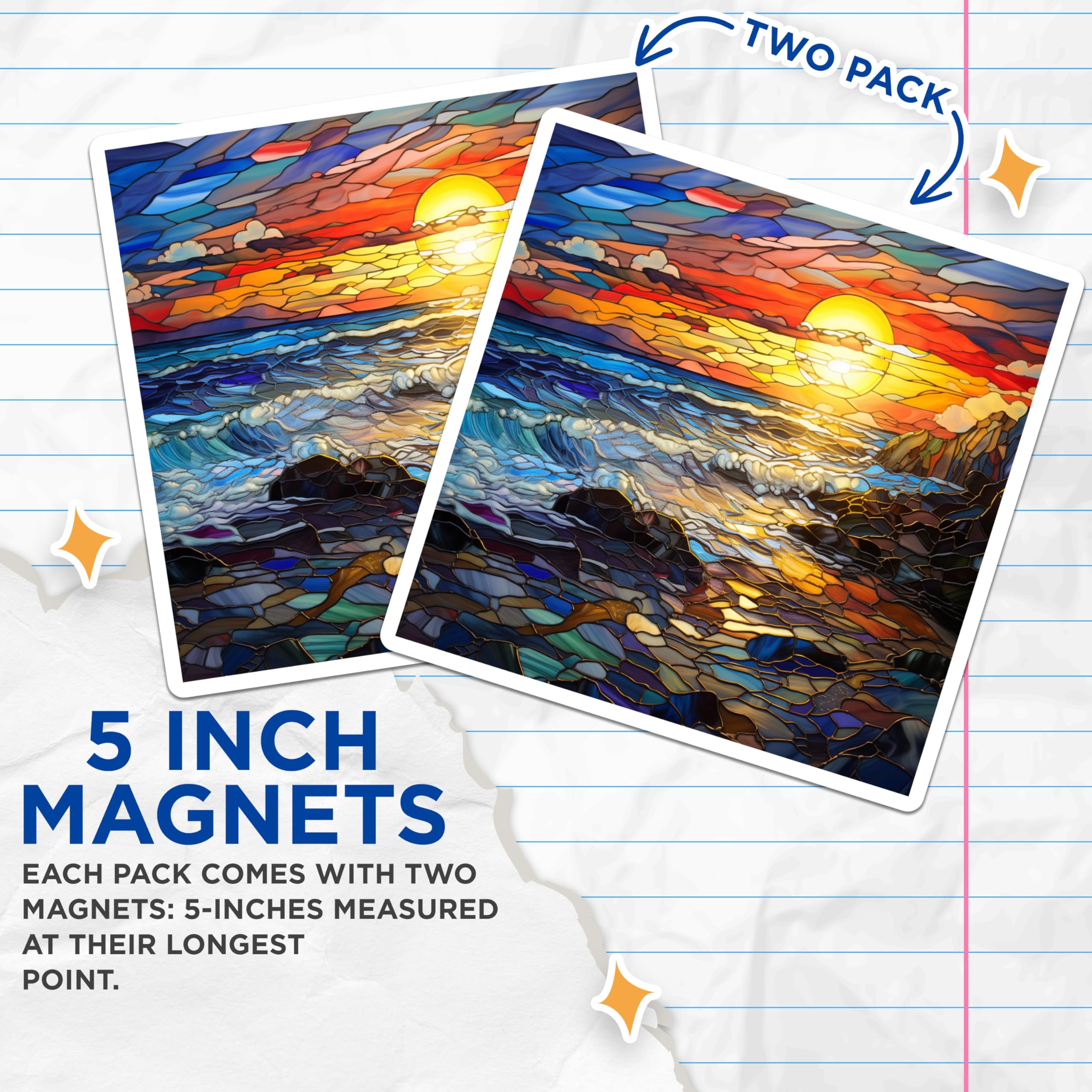 (2 Pack) Stained Glass Sunset Magnets - Ocean Waves Coastal Scene - Artistic Home Decor Fridge Art - 5 Inches On Longest Side - Thick Durable Magnet - Made in USA - MAG25026