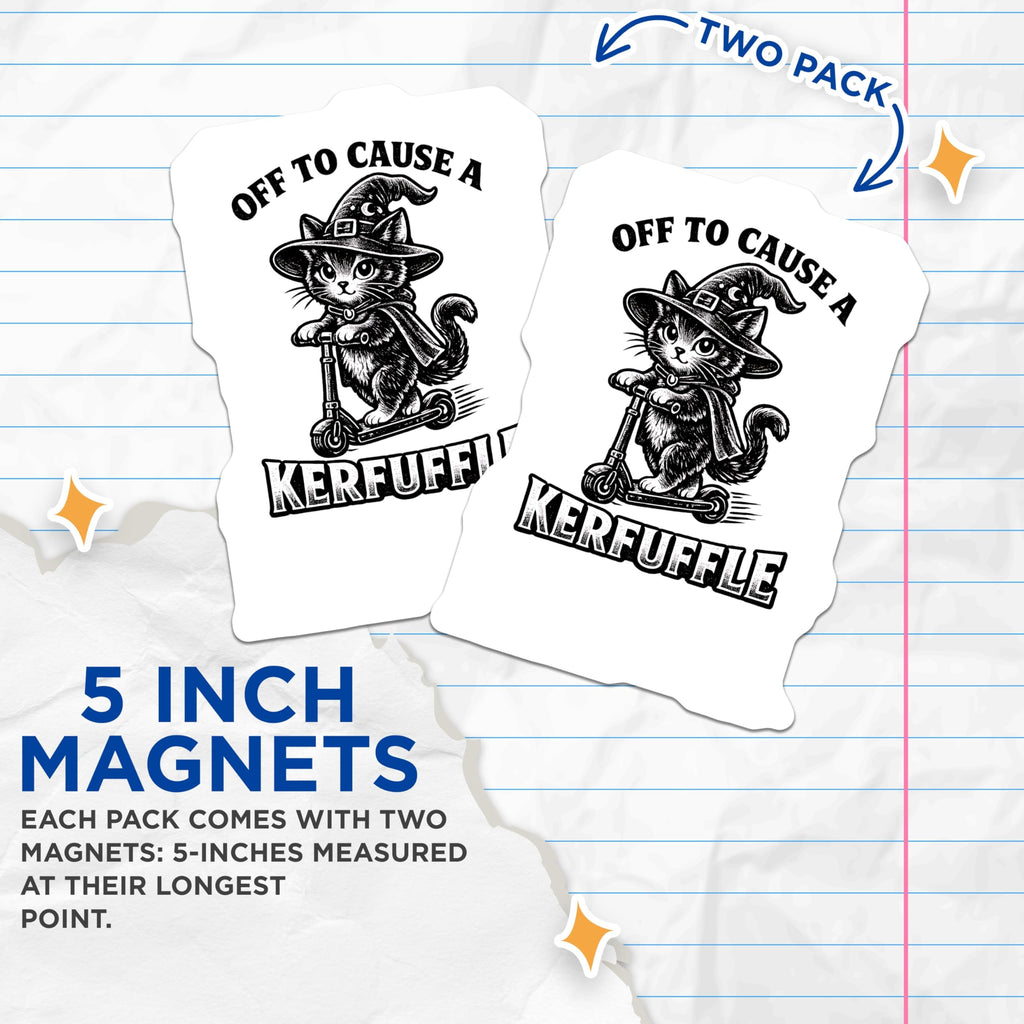 (2 Pack) Witch Cat Magnets - Scooter Kitten Decor - Halloween Kerfuffle Fun - 5 Inches On Longest Side - Thick Durable Magnet - Made in USA - MAG21524