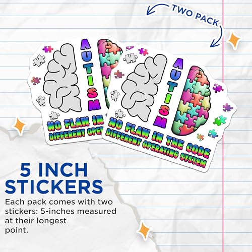 (2 Pack) Autism Awareness Stickers - No Flaw in The Code - Different Operating System - 5" On Longest Side - Sticks to Smooth Flat Surfaces - Made in USA - BMCS6404