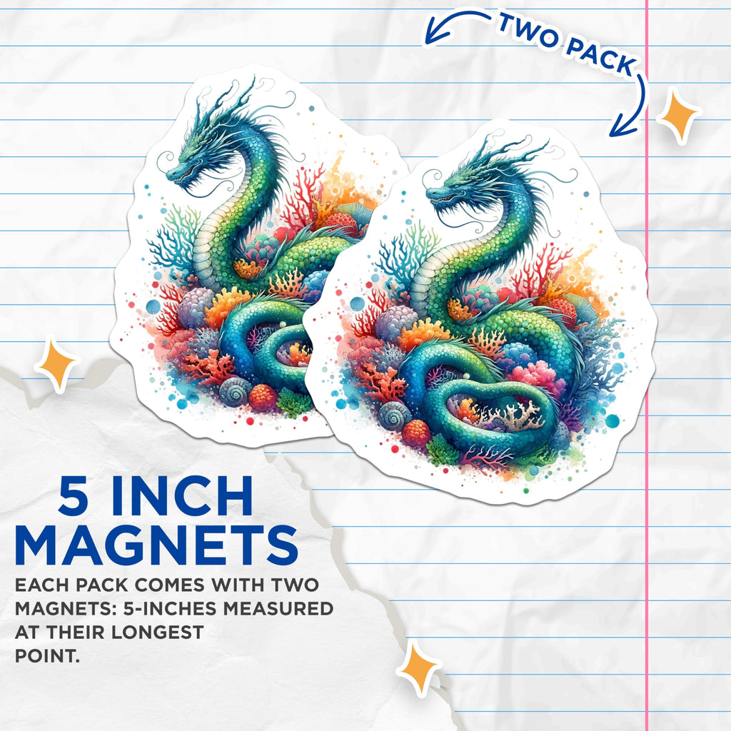 (2 Pack) Dragon Magnets - Sea Dragon Art - Fantasy Fridge Magnets - 5" On Longest Side - Premium Magnet - for Cars, Refrigerators, Toolboxes, Lockers - Made in USA - MAG15616