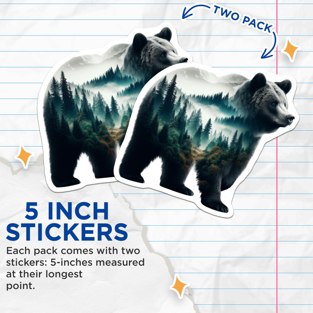 (2 Pack) Bear Forest Stickers - Wildlife Scene - Nature Art Stickers- 5" On Longest Side - Sticks to Smooth Flat Surfaces - Made in USA - BMCS16256