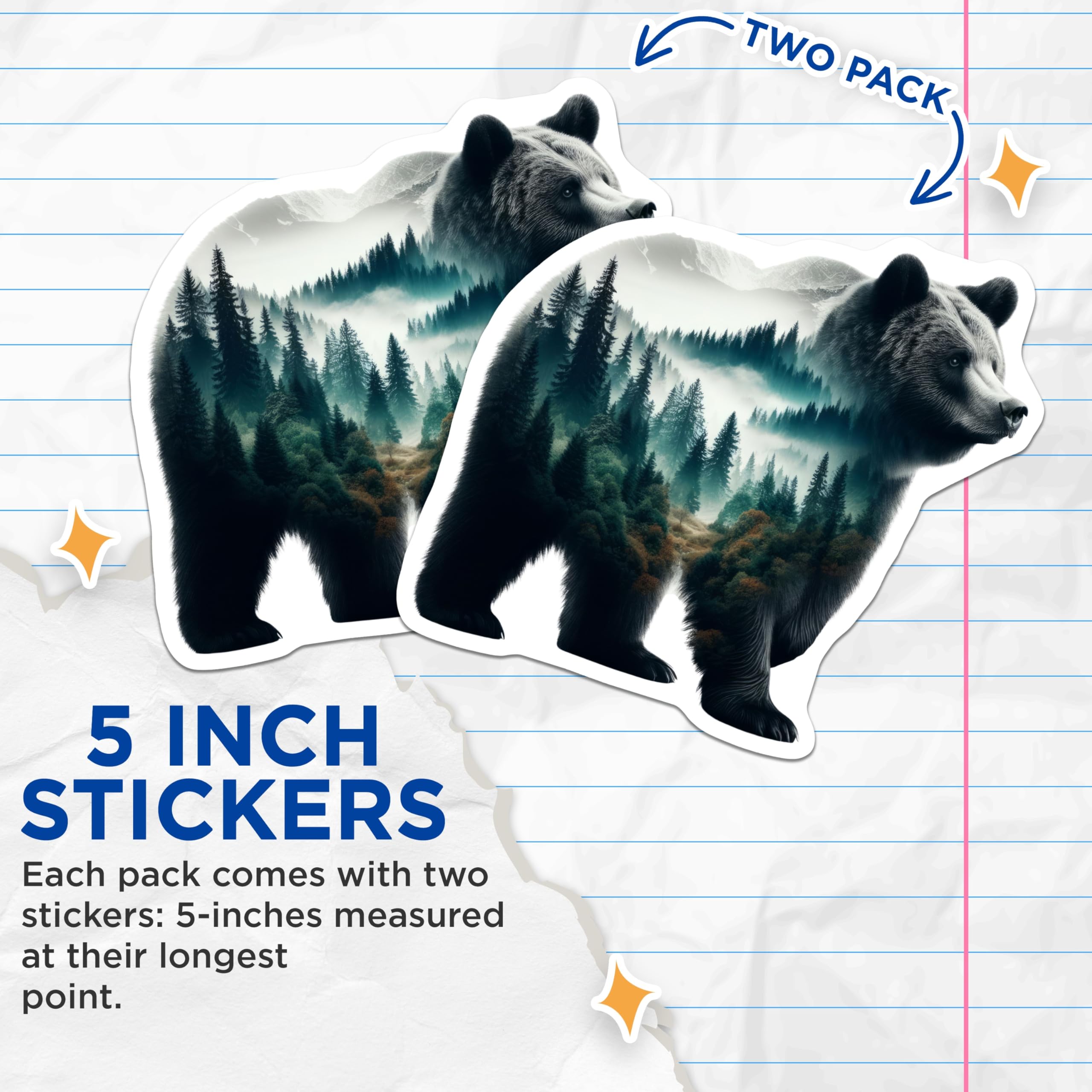 (2 Pack) Bear Forest Stickers - Wildlife Scene - Nature Art Stickers- 5" On Longest Side - Sticks to Smooth Flat Surfaces - Made in USA - BMCS16256