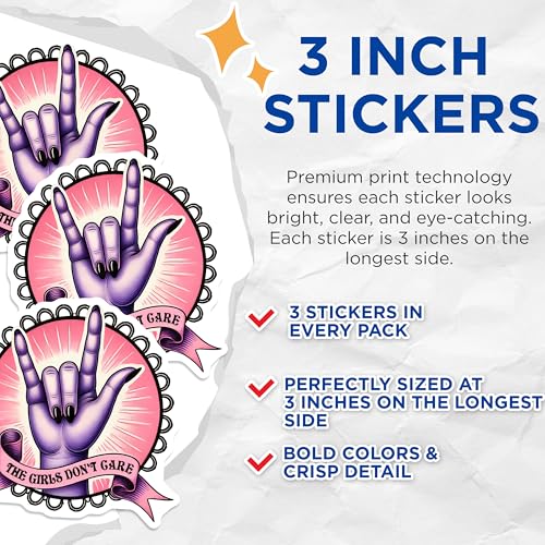 (3 Pack) Girls Dont Care Decals - Rock On Hand Sign - Feminist Stickers - 3 Inches On Longest Side - Easy Peel & Apply - Made in USA - 3MCS7105