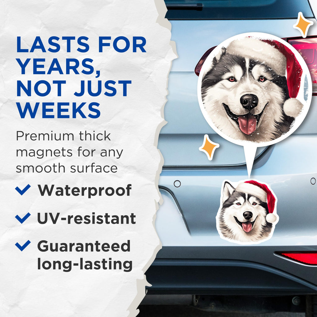 (2 Pack) Christmas Husky Magnets - Santa Dog Decor - Holiday Animal Art - Pet Lover Refrigerator - Malamute Xmas Dog - 5 Inches On Longest Side - Thick Durable Magnet - Made in USA - MAG25434