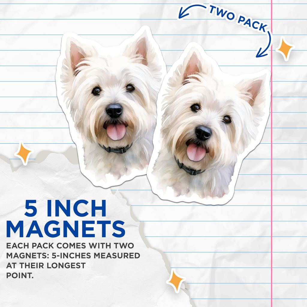 (2 Pack) Westie Magnets - West Highland White Terrier Art - Watercolor Dog Decor - Animal Fridge Magnets - 5 Inches On Longest Side - Thick Durable Magnet - Made in USA - MAG23657