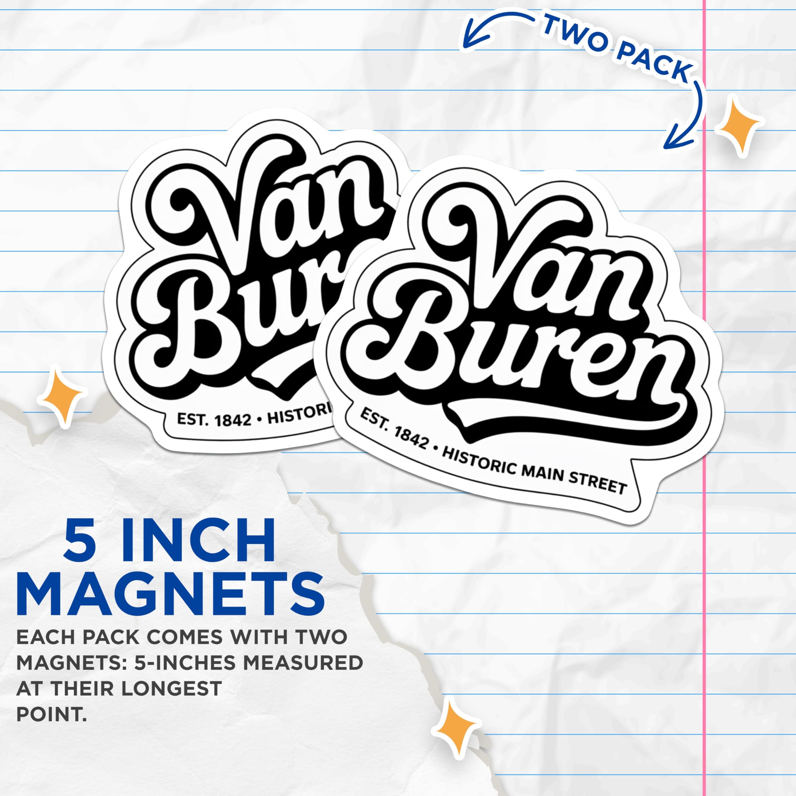(2 Pack) Van Buren Magnets - Historic Main Street Landmark Souvenir - Est 1842 Black White Retro Town Refrigerator Magnets - 5 Inches On Longest Side - Thick Durable Magnet - Made in USA - MAG19381