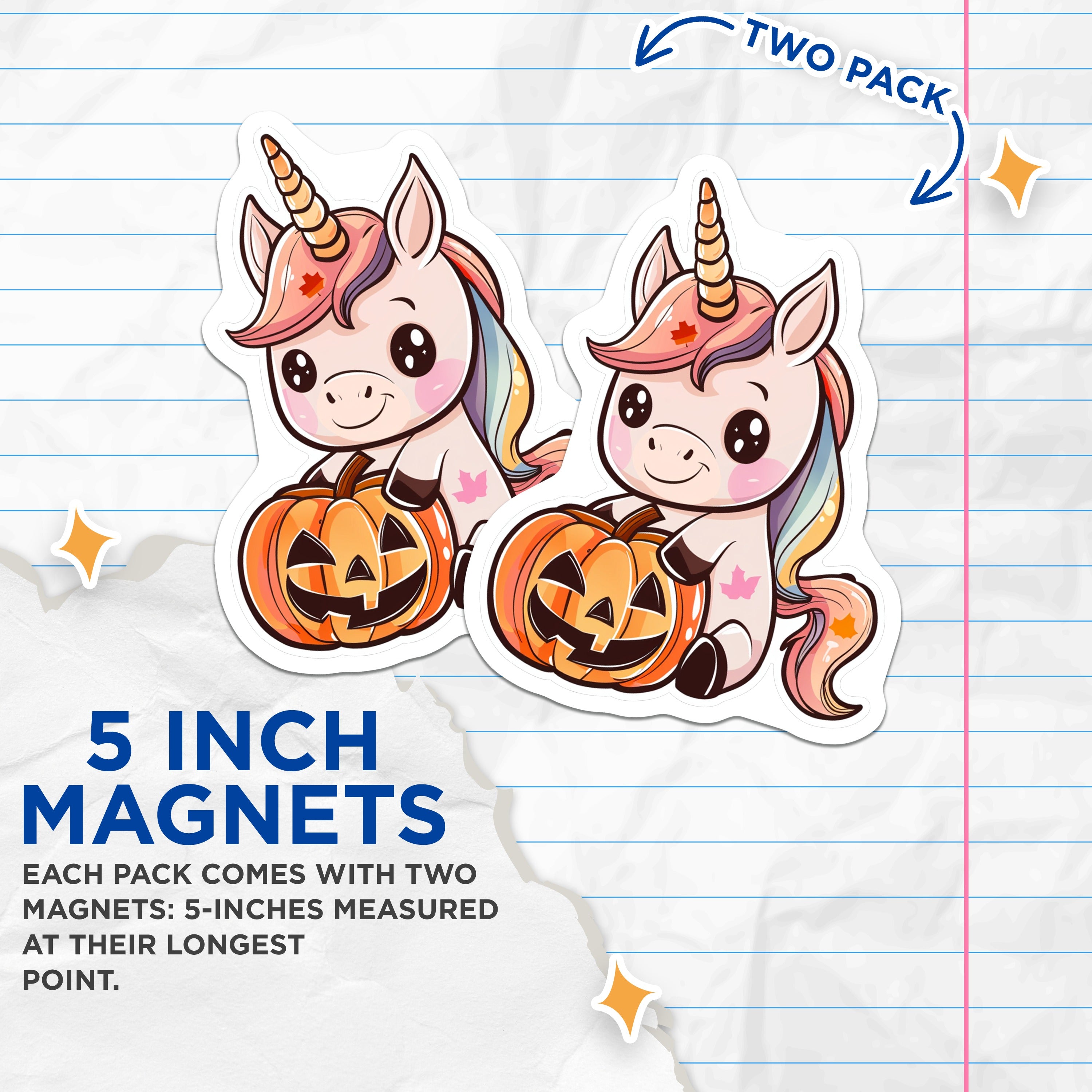 (2 Pack) Kawaii Unicorn Magnets - Halloween Pumpkin Decor - Cute Fall Fantasy Refrigerator Accessory for Kids - 5 Inches On Longest Side - Thick Durable Magnet - Made in USA - MAG36305