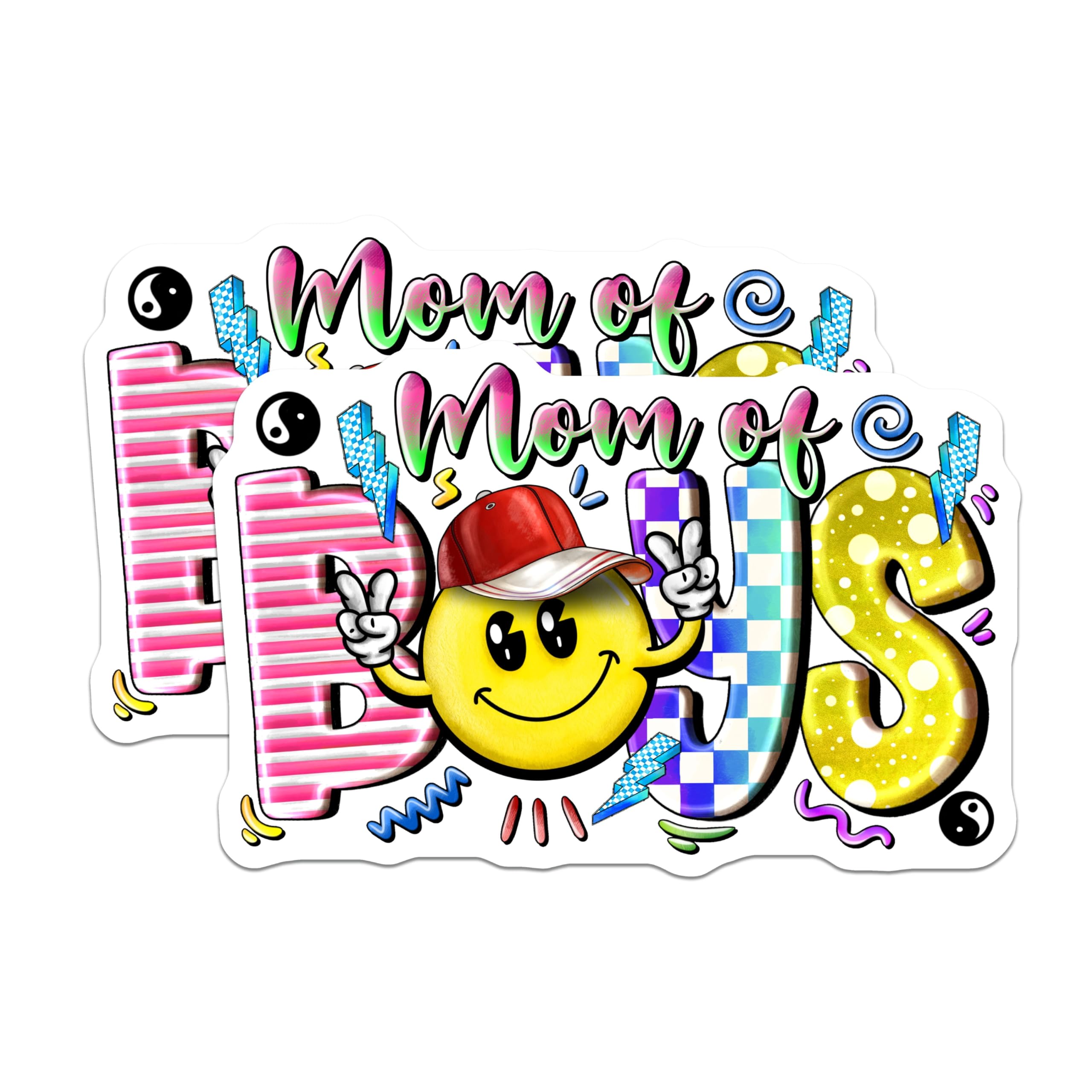 (2 Pack) Mom of Boys Magnets - Retro Smiley Face Decor - Groovy Peace Sign Mama - Colorful Boy Mom Pride Decal - 5 Inches On Longest Side - Thick Durable Magnet - Made in USA - MAG24313