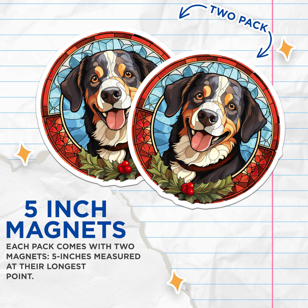 (2 Pack) Bernese Mountain Dog Magnets - Stained Glass Art - Christmas Holiday Decor for Berner Owners - 5 Inches On Longest Side - Thick Durable Magnet - Made in USA - MAG28372