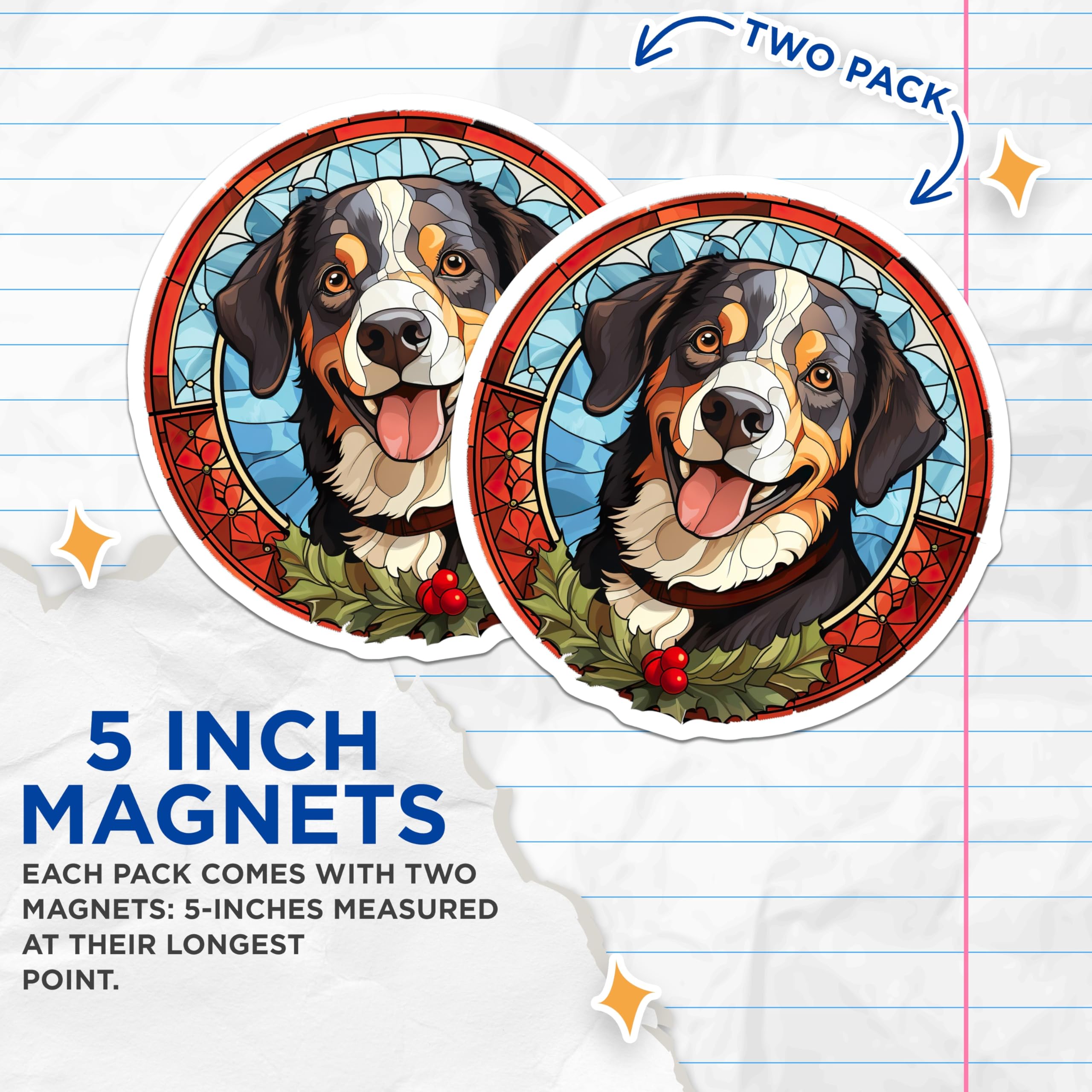 (2 Pack) Bernese Mountain Dog Magnets - Stained Glass Art - Christmas Holiday Decor for Berner Owners - 5 Inches On Longest Side - Thick Durable Magnet - Made in USA - MAG28372